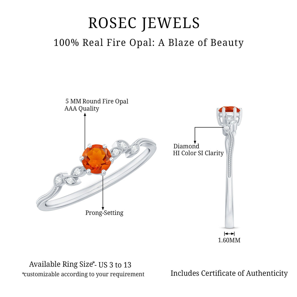Round Fire Opal Minimal Leaf Promise Ring with Diamond in Gold