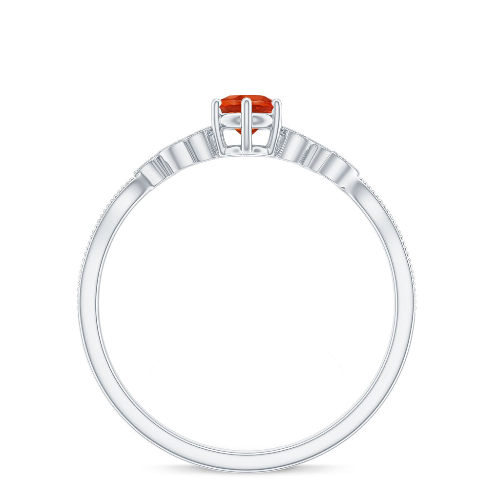 Round Fire Opal Minimal Leaf Promise Ring with Diamond in Gold