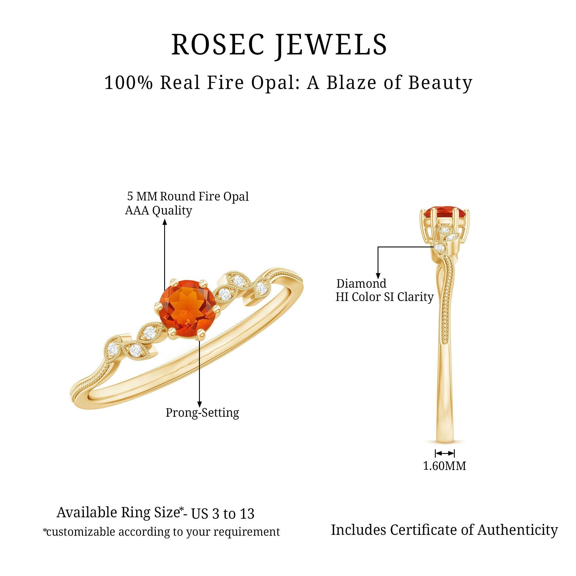 Round Fire Opal Minimal Leaf Promise Ring with Diamond in Gold