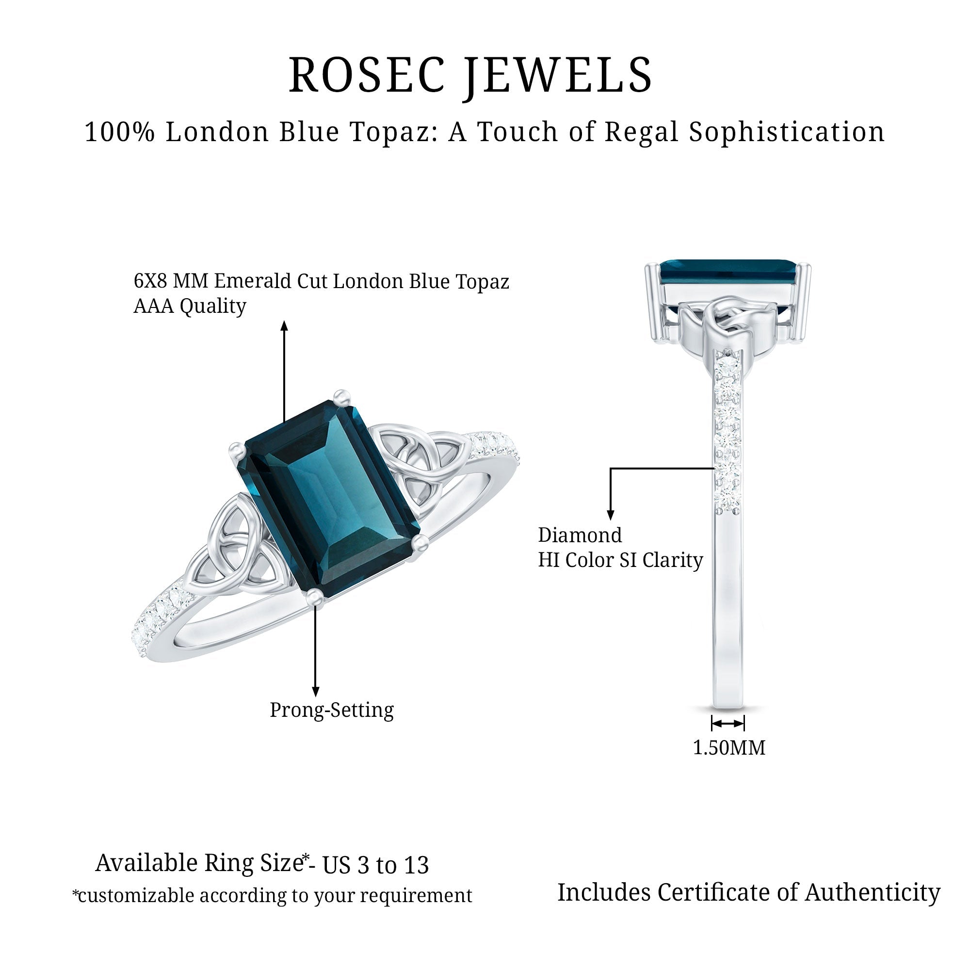 Emerald Cut London Blue Topaz Celtic Engagement Ring with Diamond