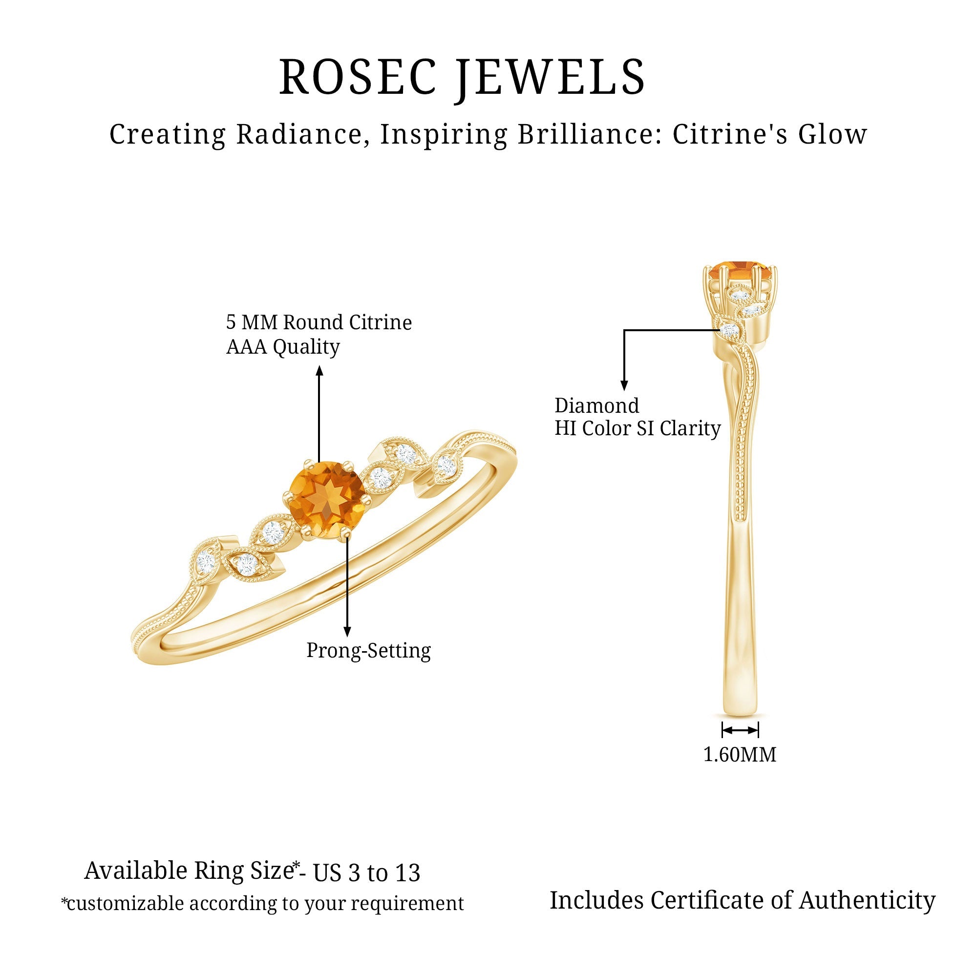 Nature Inspired Citrine Promise Ring with Diamond