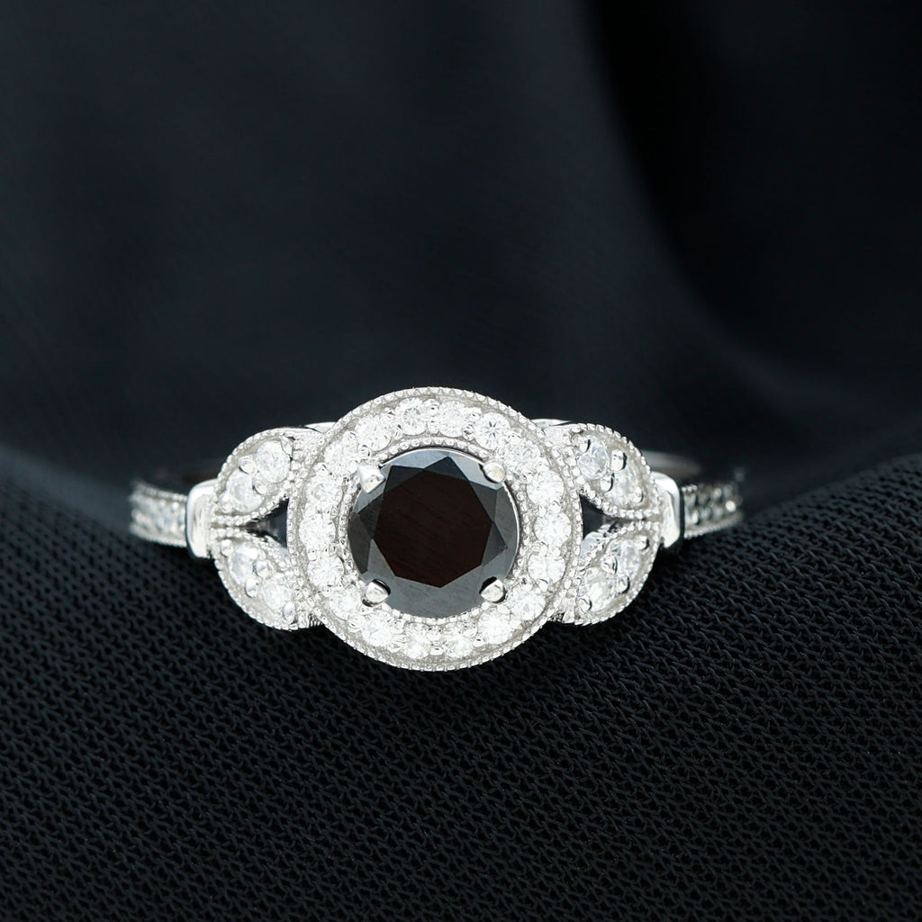 Vintage Inspired Created Black Diamond and Moissanite Engagement Ring
