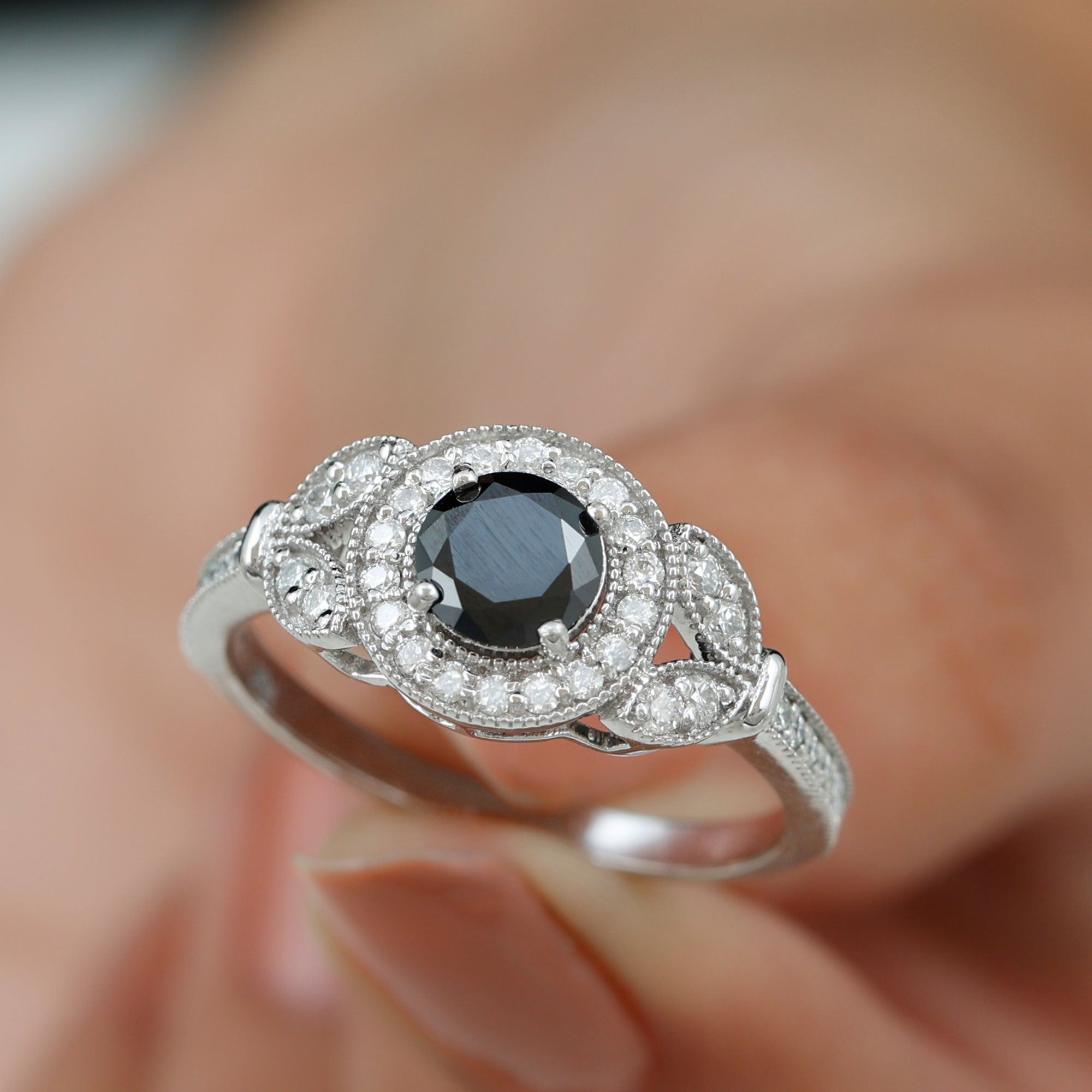Vintage Inspired Created Black Diamond and Moissanite Engagement Ring