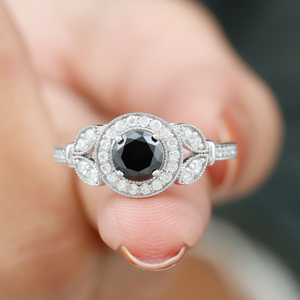 Vintage Inspired Created Black Diamond and Moissanite Engagement Ring