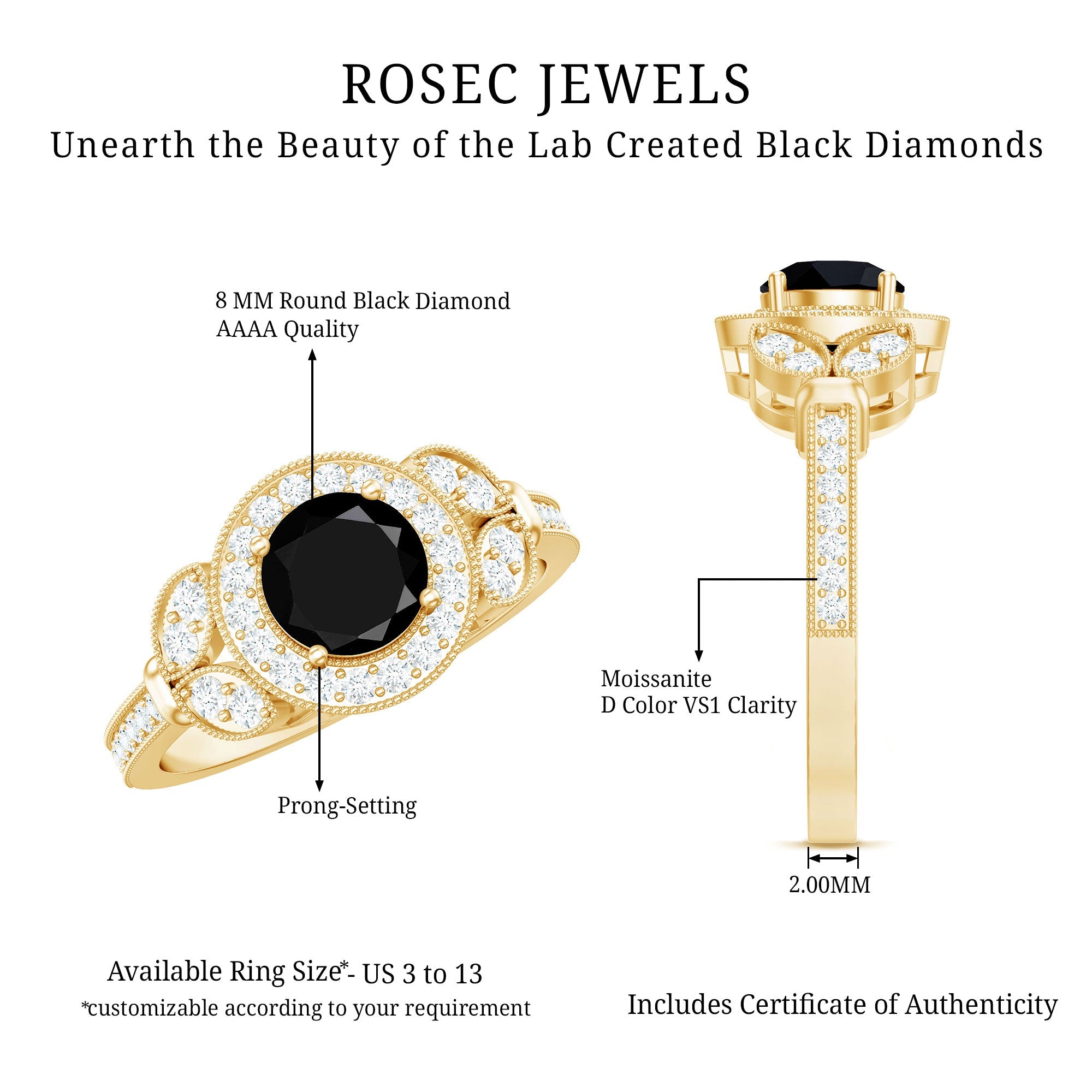 Vintage Inspired Created Black Diamond and Moissanite Engagement Ring