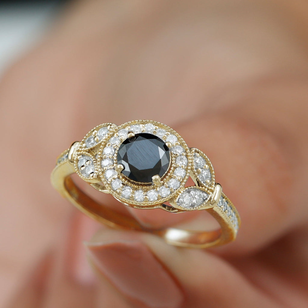 Vintage Inspired Created Black Diamond and Moissanite Engagement Ring