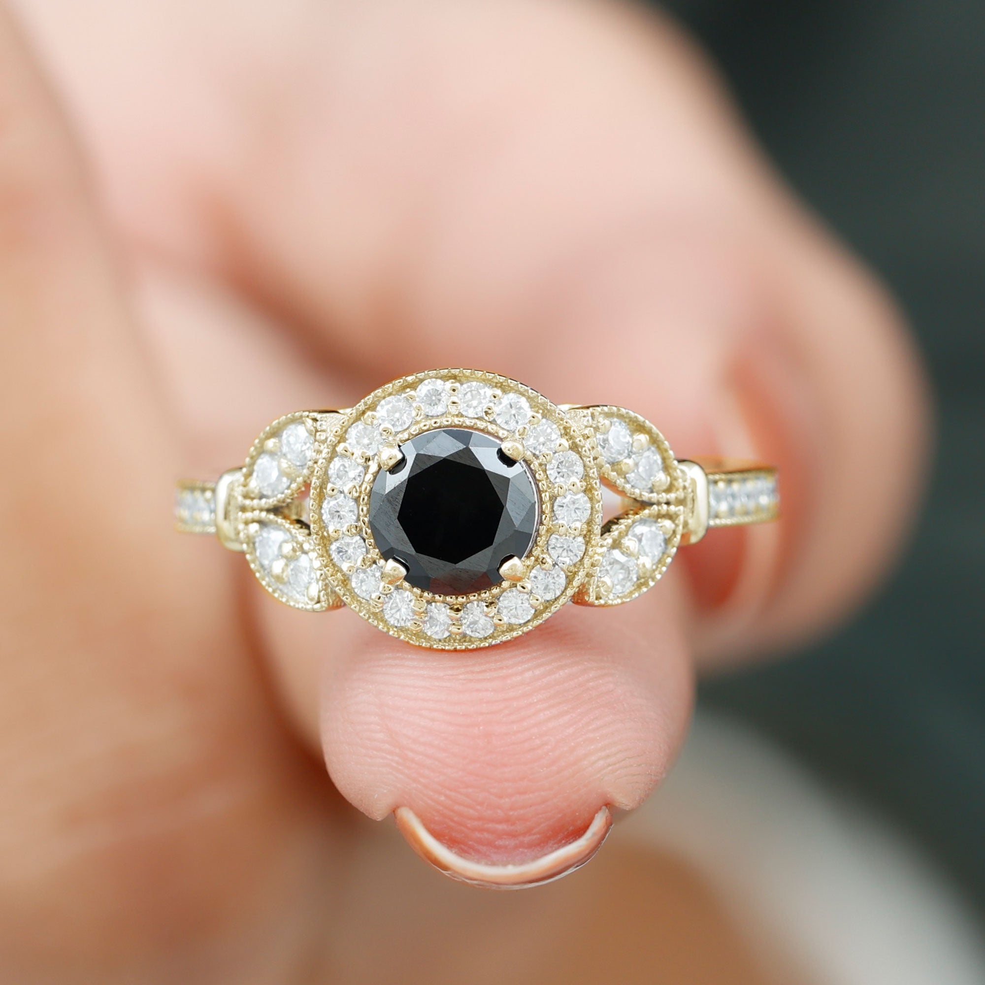 Vintage Inspired Created Black Diamond and Moissanite Engagement Ring