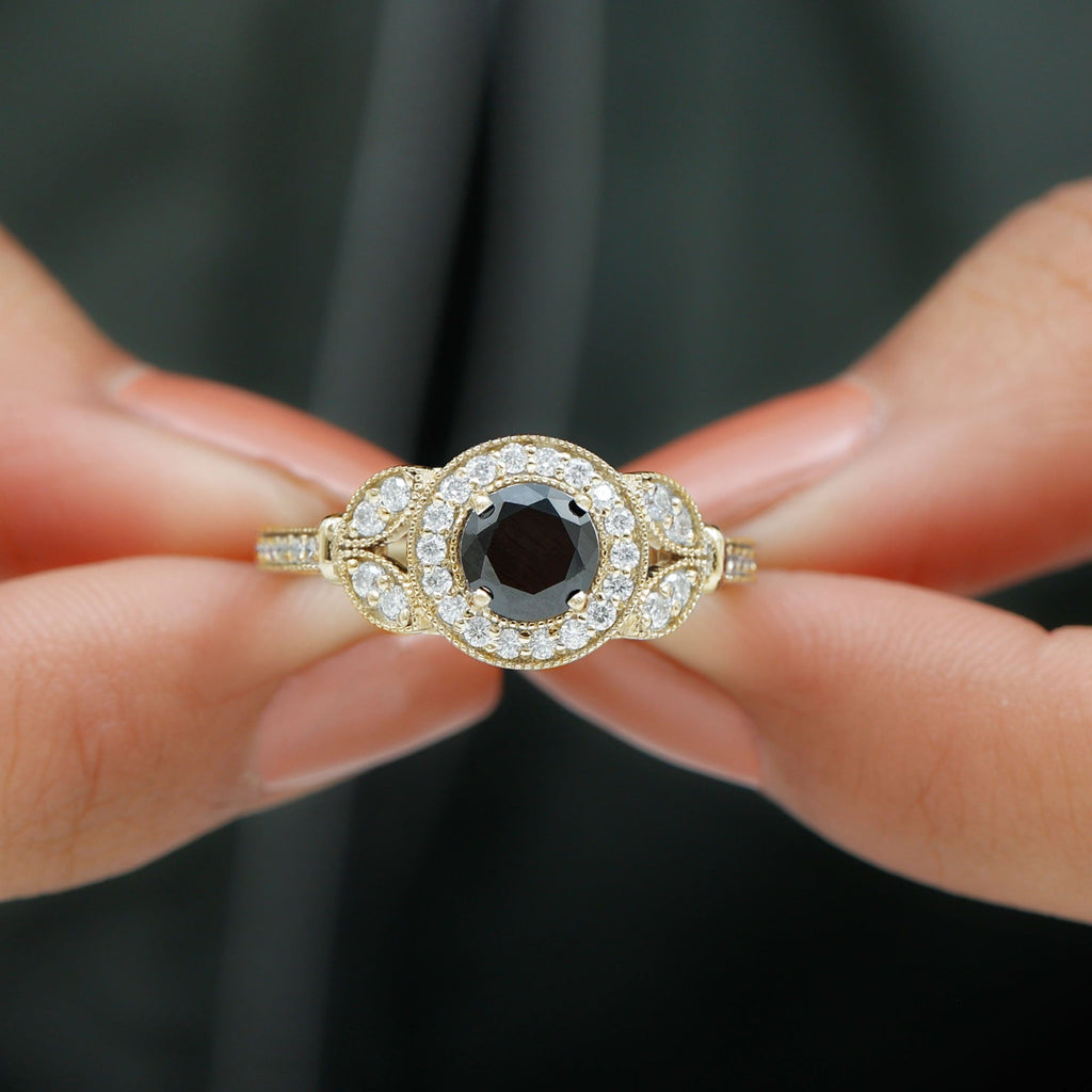 Vintage Inspired Created Black Diamond and Moissanite Engagement Ring