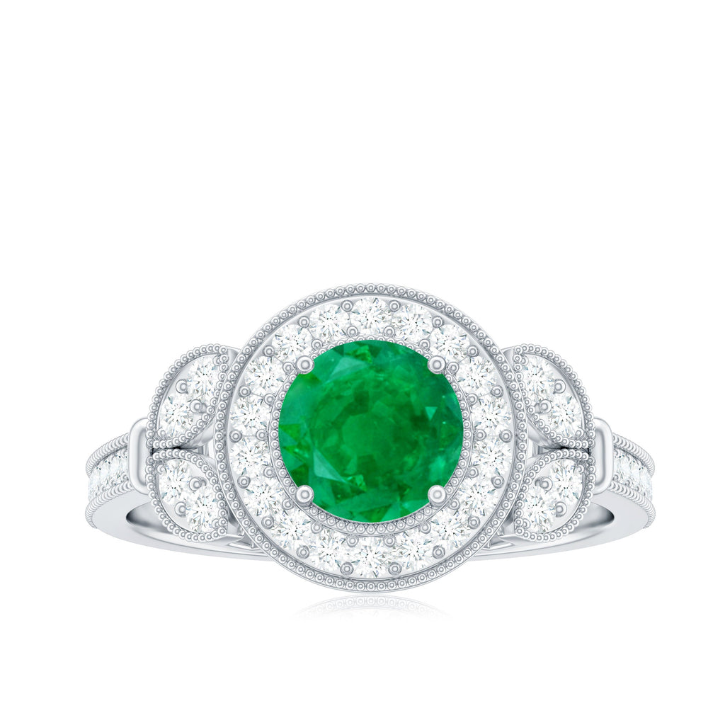 Vintage Style Emerald Engagement Ring with Diamond Halo