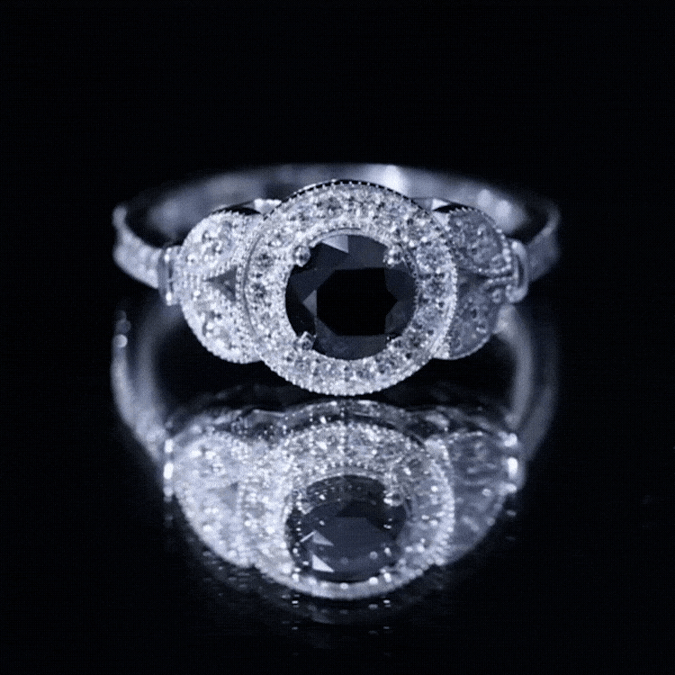 Certified Created Black Diamond Vintage Style Engagement Ring with Diamond