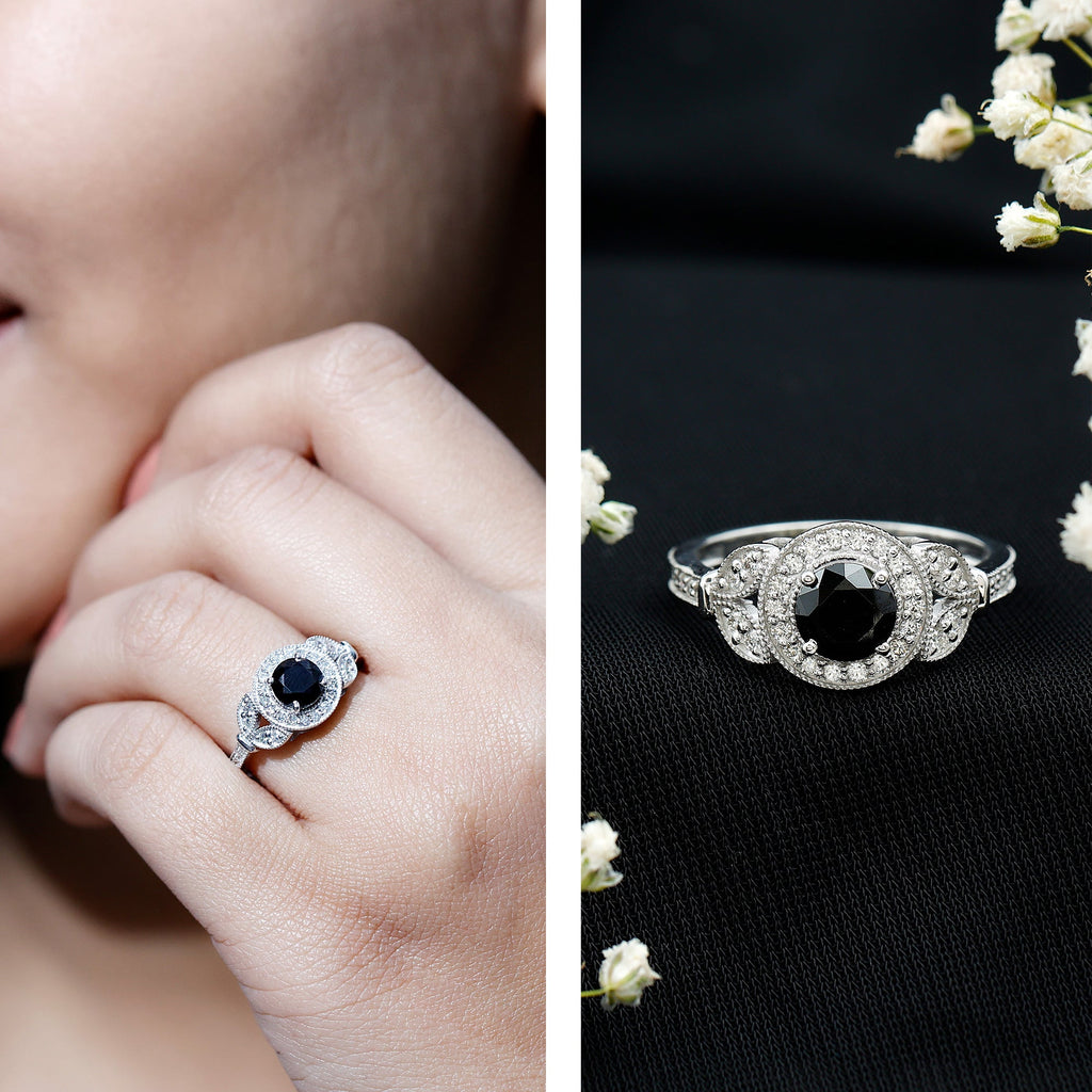 Certified Created Black Diamond Vintage Style Engagement Ring with Diamond