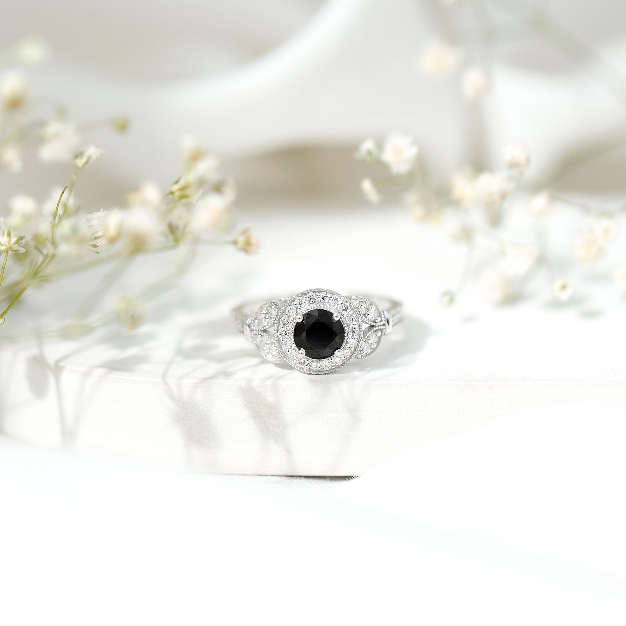 Certified Created Black Diamond Vintage Style Engagement Ring with Diamond
