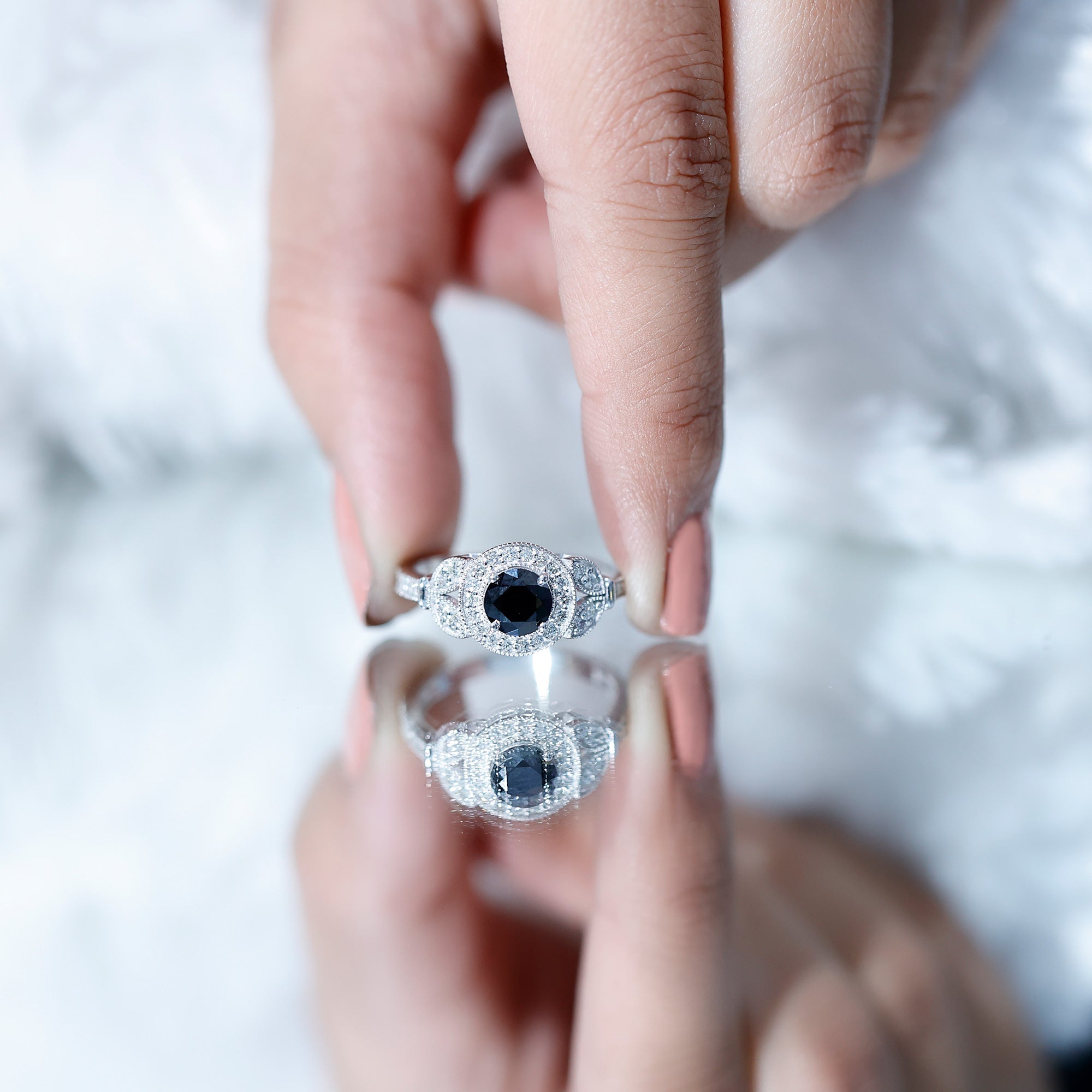 Certified Created Black Diamond Vintage Style Engagement Ring with Diamond