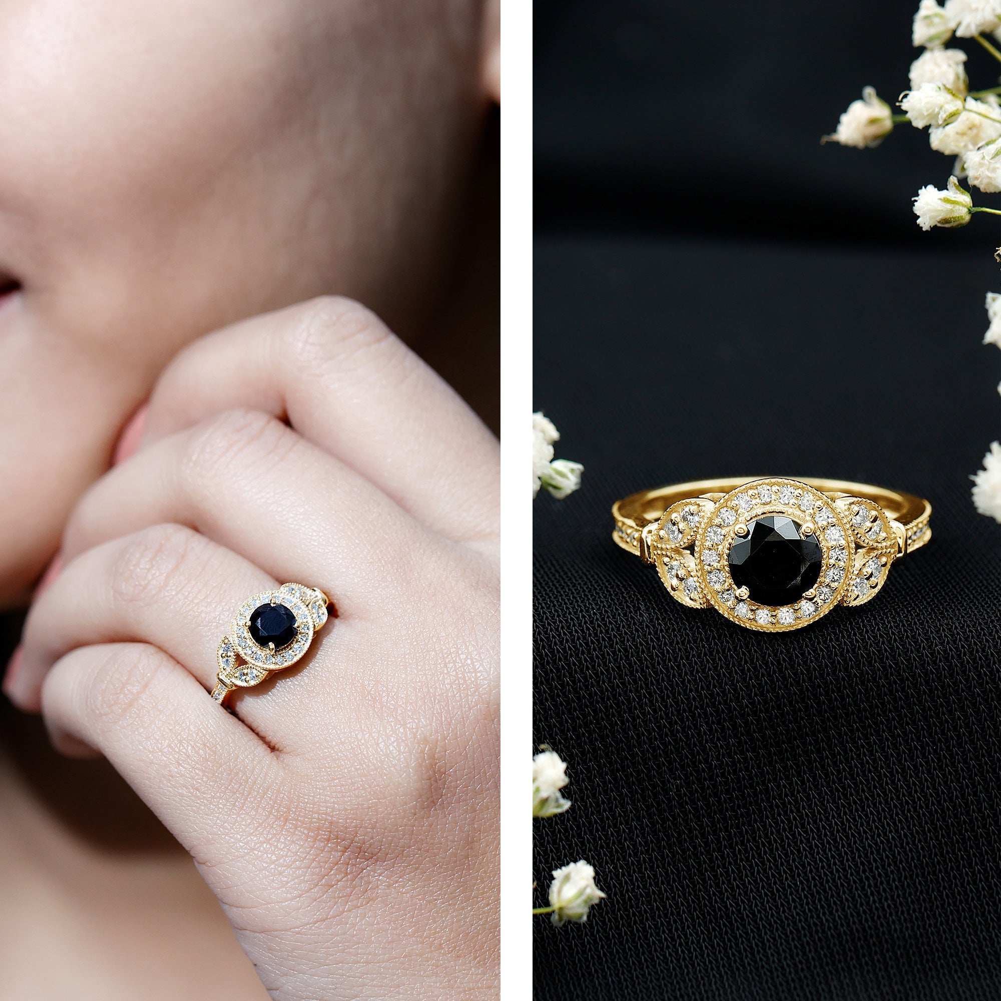 Certified Created Black Diamond Vintage Style Engagement Ring with Diamond