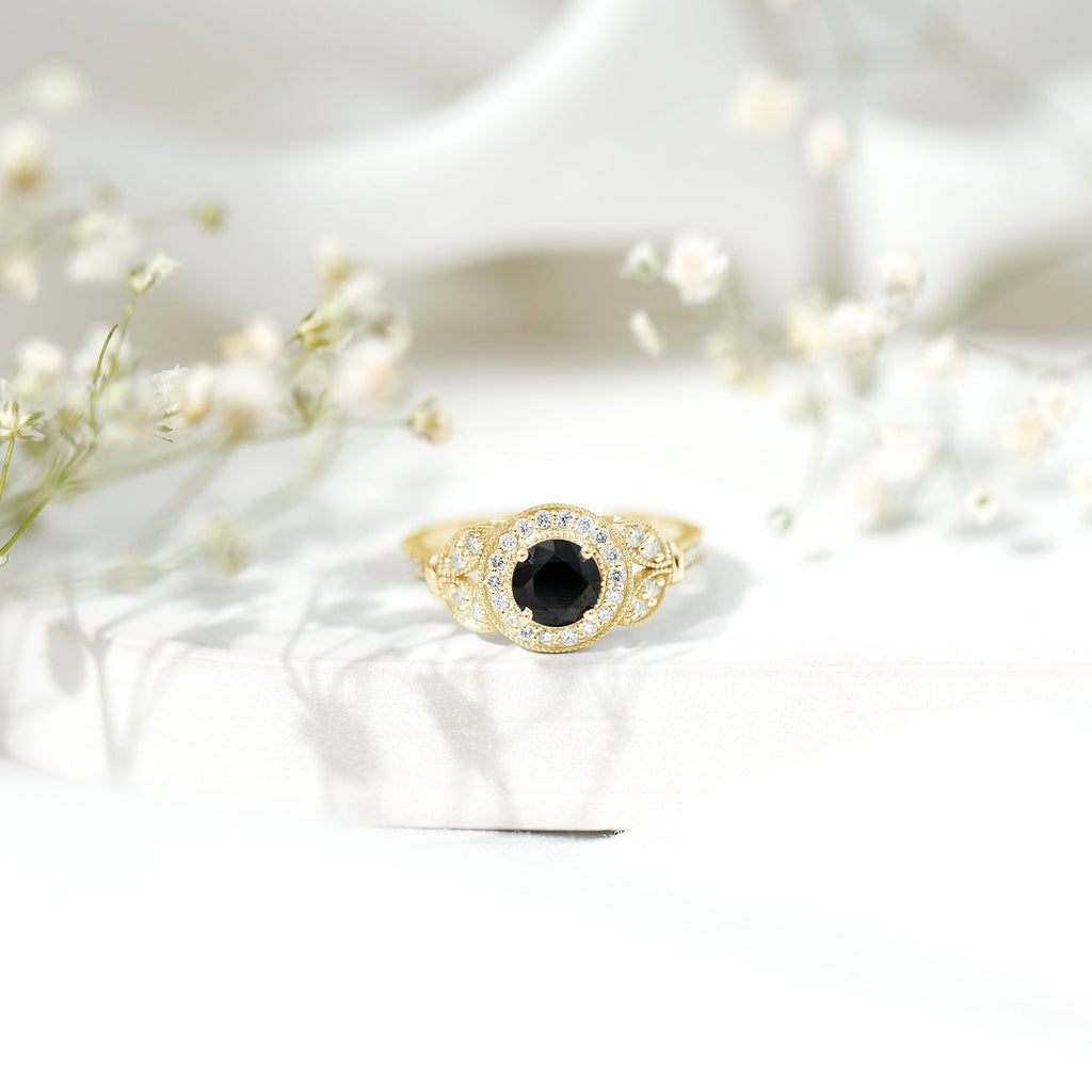 Certified Created Black Diamond Vintage Style Engagement Ring with Diamond