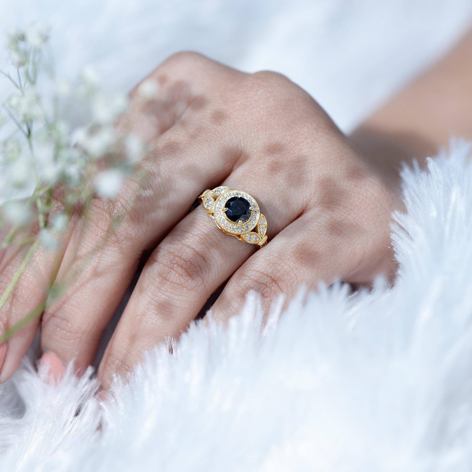 Certified Created Black Diamond Vintage Style Engagement Ring with Diamond