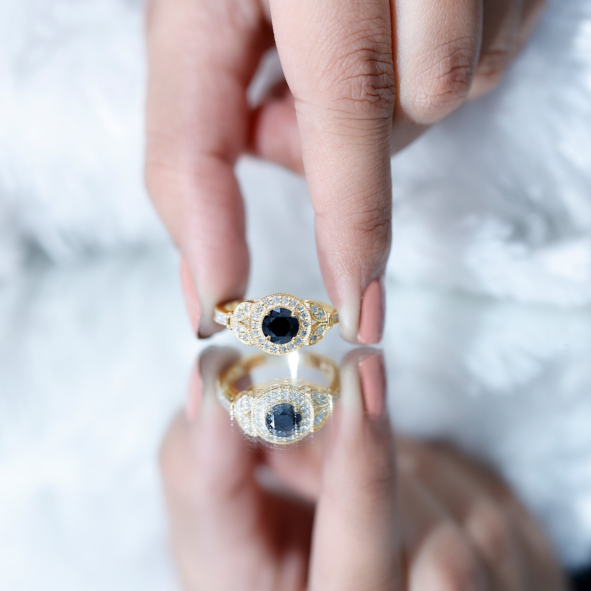 Certified Created Black Diamond Vintage Style Engagement Ring with Diamond