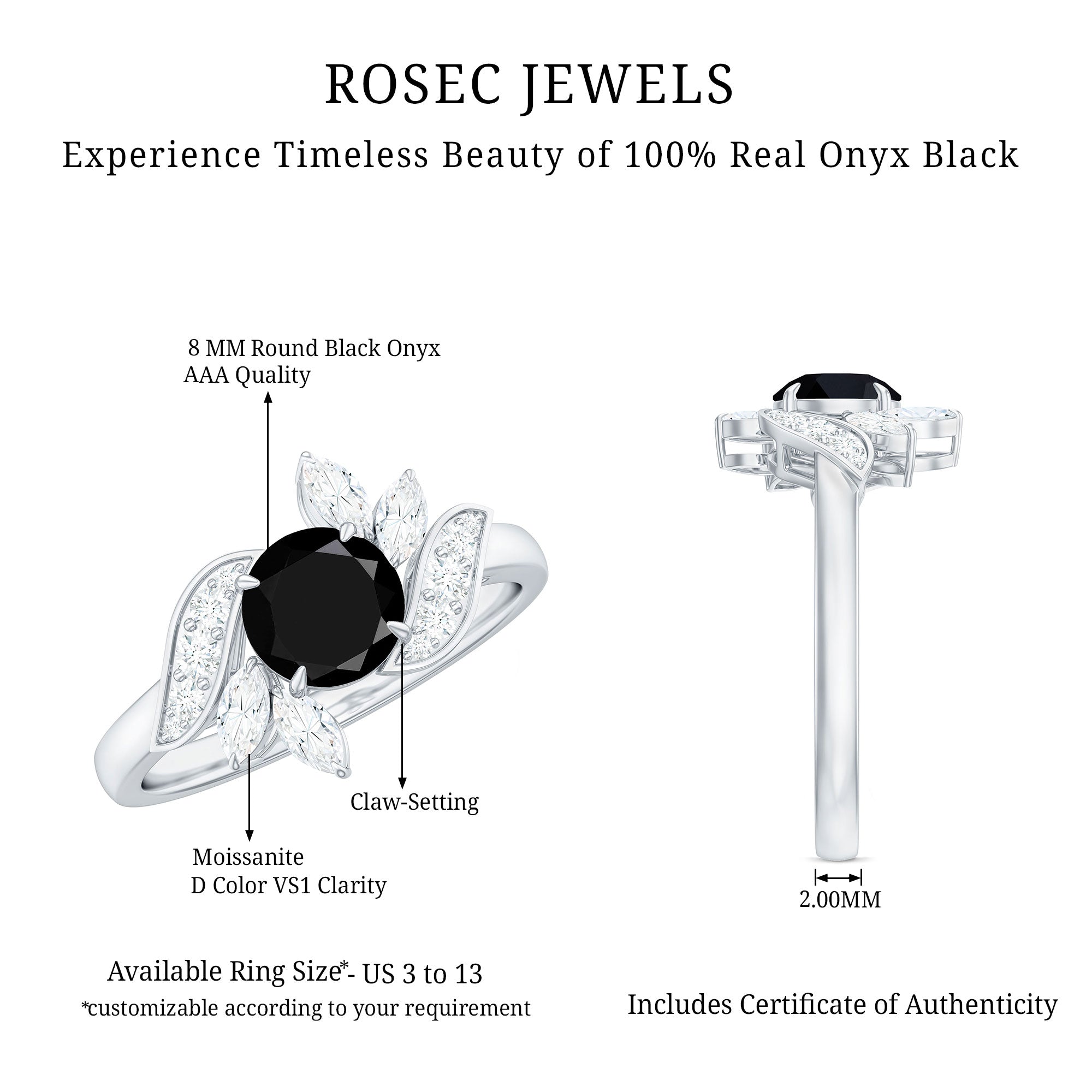 Genuine 8mm Round Black Onyx Floral Engagement Ring with Certificate