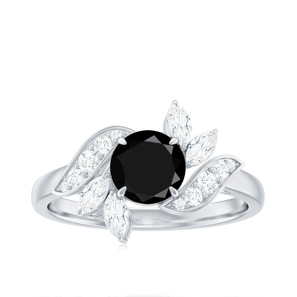 Genuine 8mm Round Black Onyx Floral Engagement Ring with Certificate