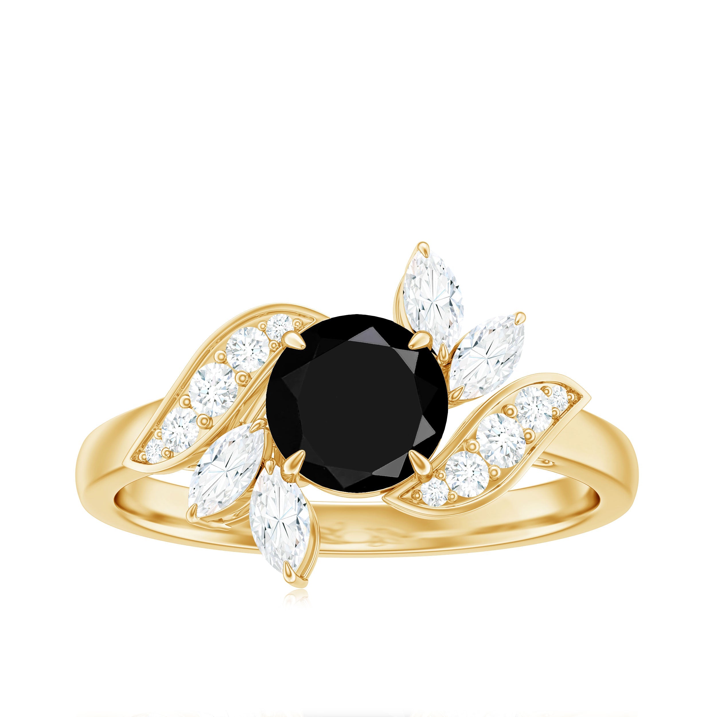 Genuine 8mm Round Black Onyx Floral Engagement Ring with Certificate