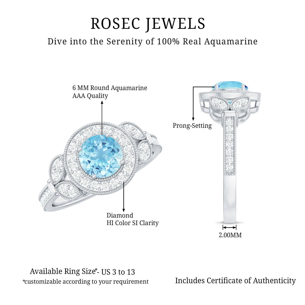 Vintage Inspired Aquamarine Engagement Ring with Diamond