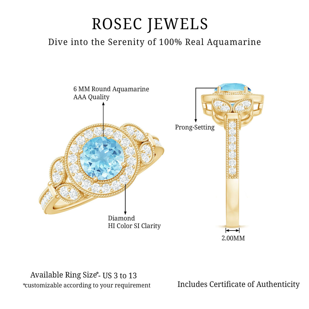 Vintage Inspired Aquamarine Engagement Ring with Diamond