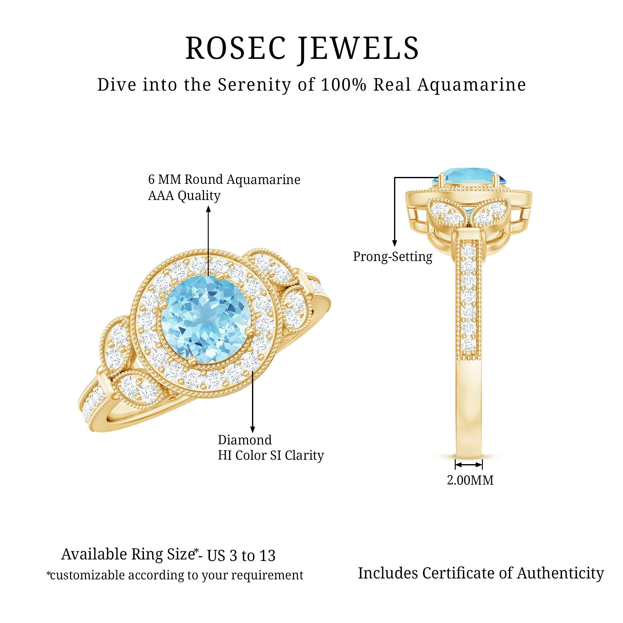 Vintage Inspired Aquamarine Engagement Ring with Diamond
