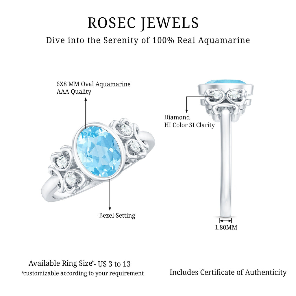1.25 CT Oval Aquamarine Statement Engagement Ring with Diamond