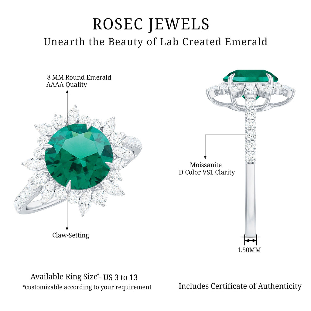 Certified 8 mm Lab Grown Emerald Cocktail Ring with Halo