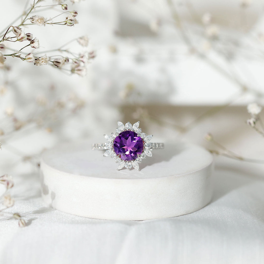 Amethyst Designer Engagement Ring with Moissanite Halo