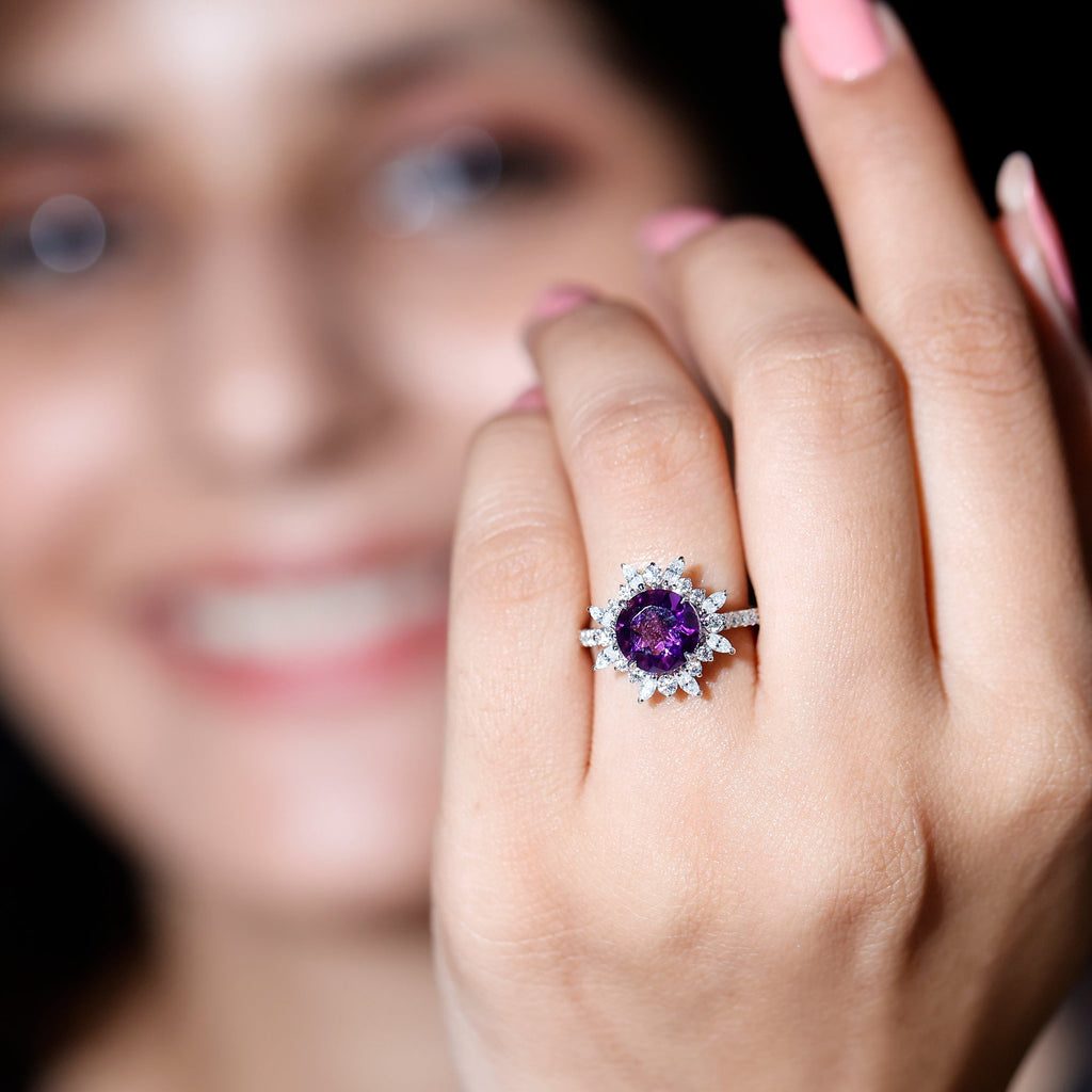 Amethyst Designer Engagement Ring with Moissanite Halo