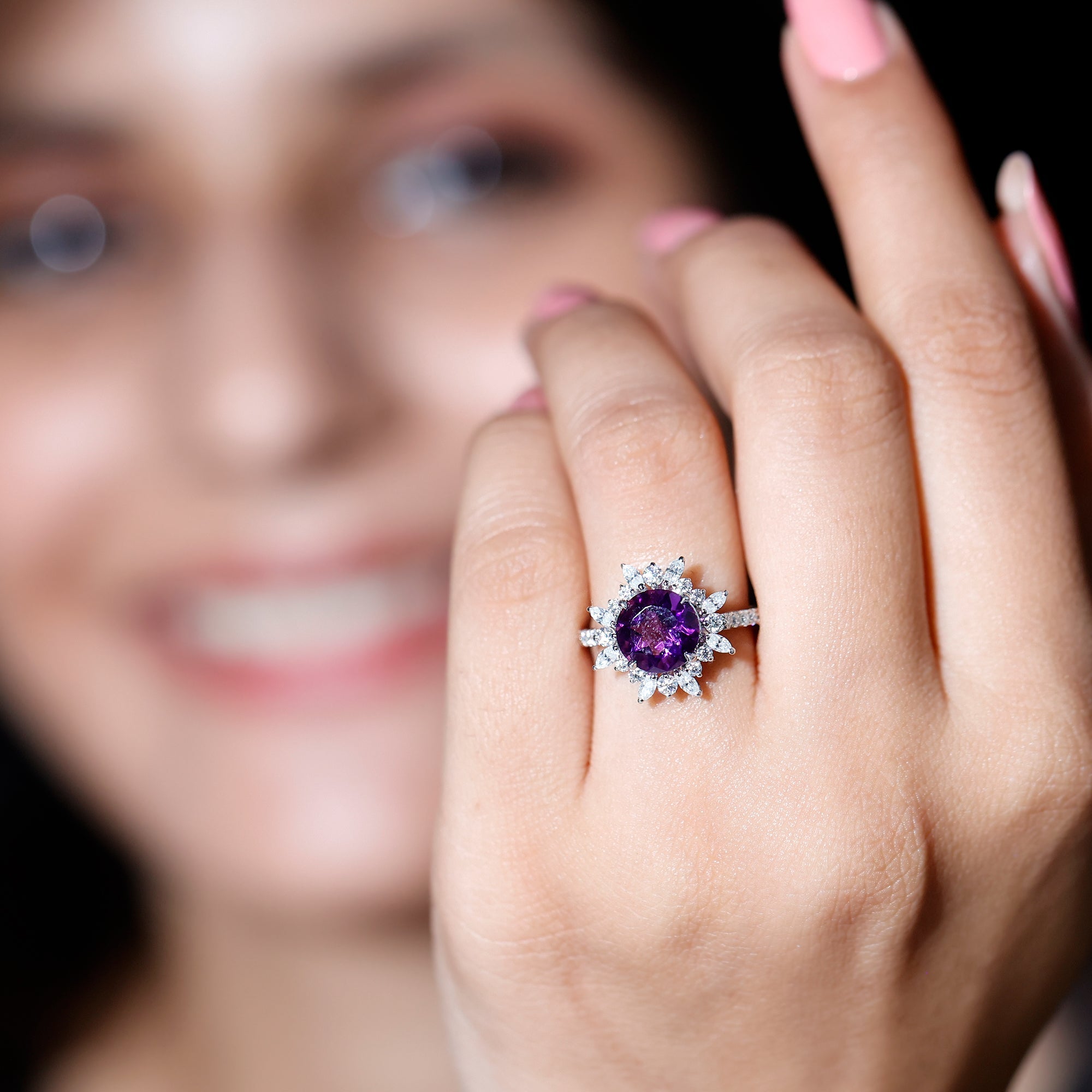 Amethyst Designer Engagement Ring with Moissanite Halo