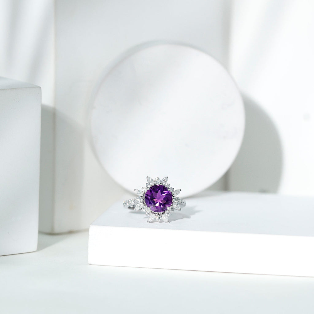 Amethyst Designer Engagement Ring with Moissanite Halo