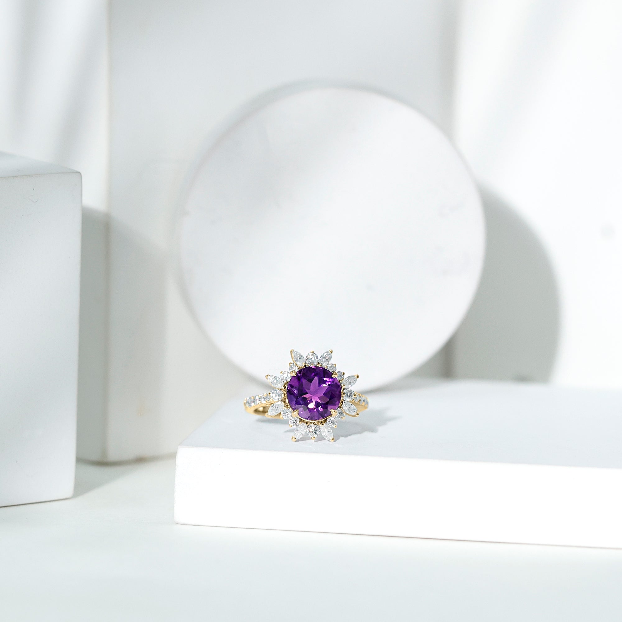 Amethyst Designer Engagement Ring with Moissanite Halo