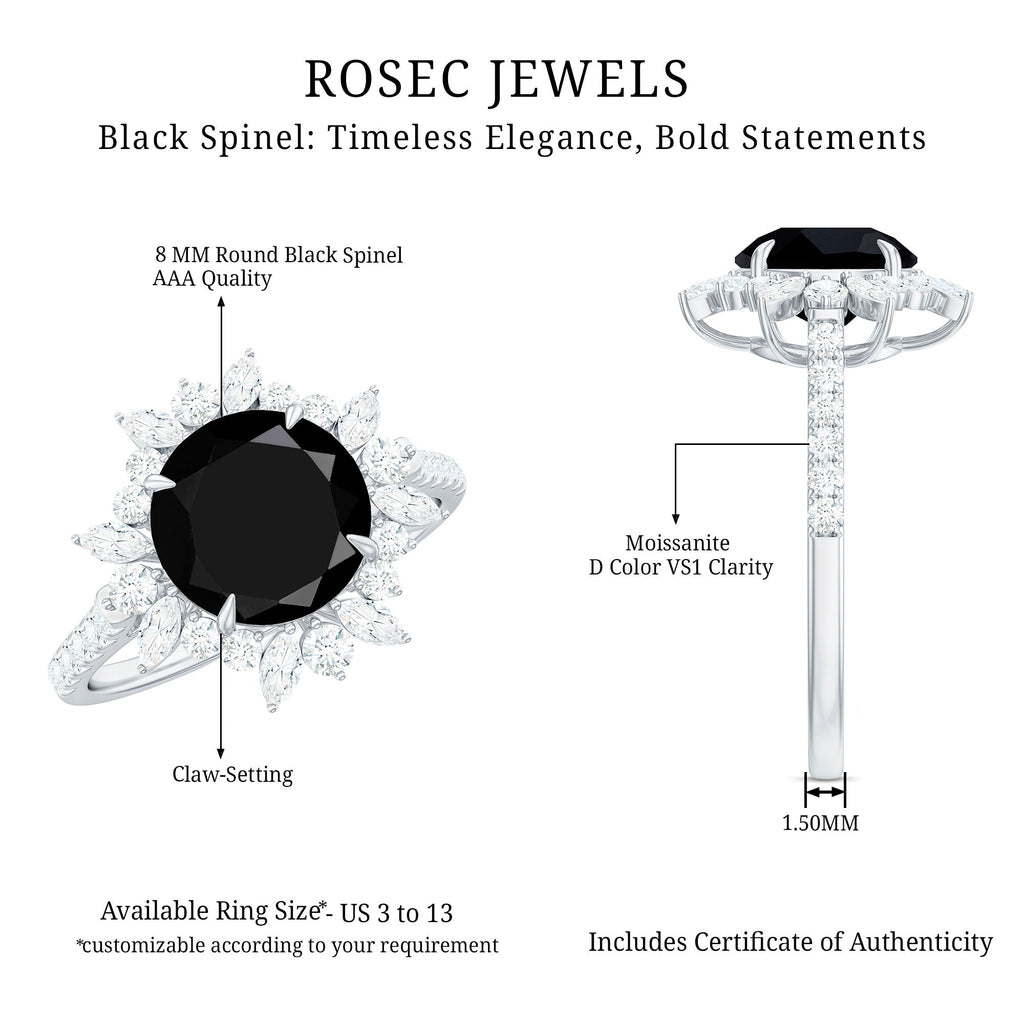 Real Black Spinel Engagement Ring with Moissanite Halo