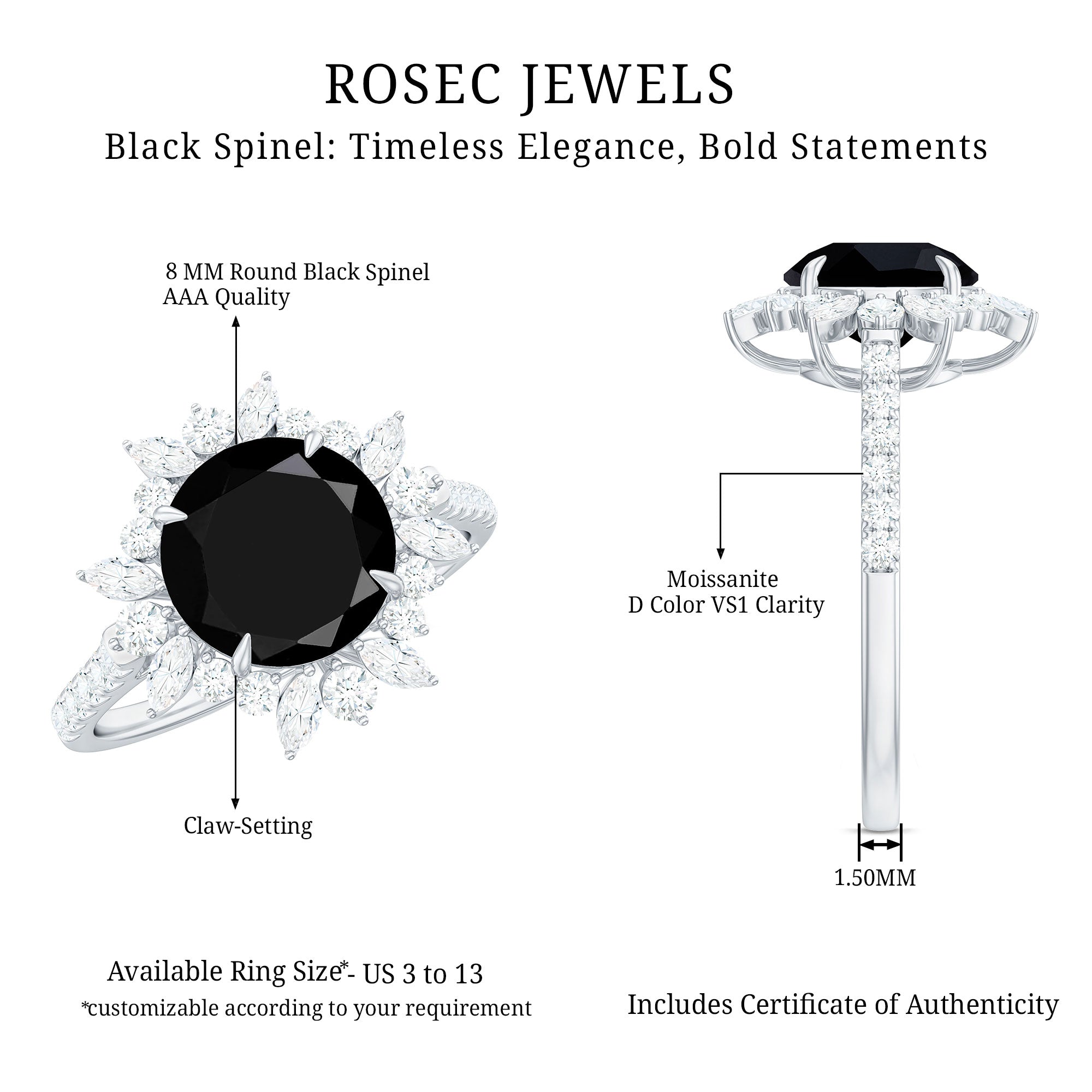 Real Black Spinel Engagement Ring with Moissanite Halo