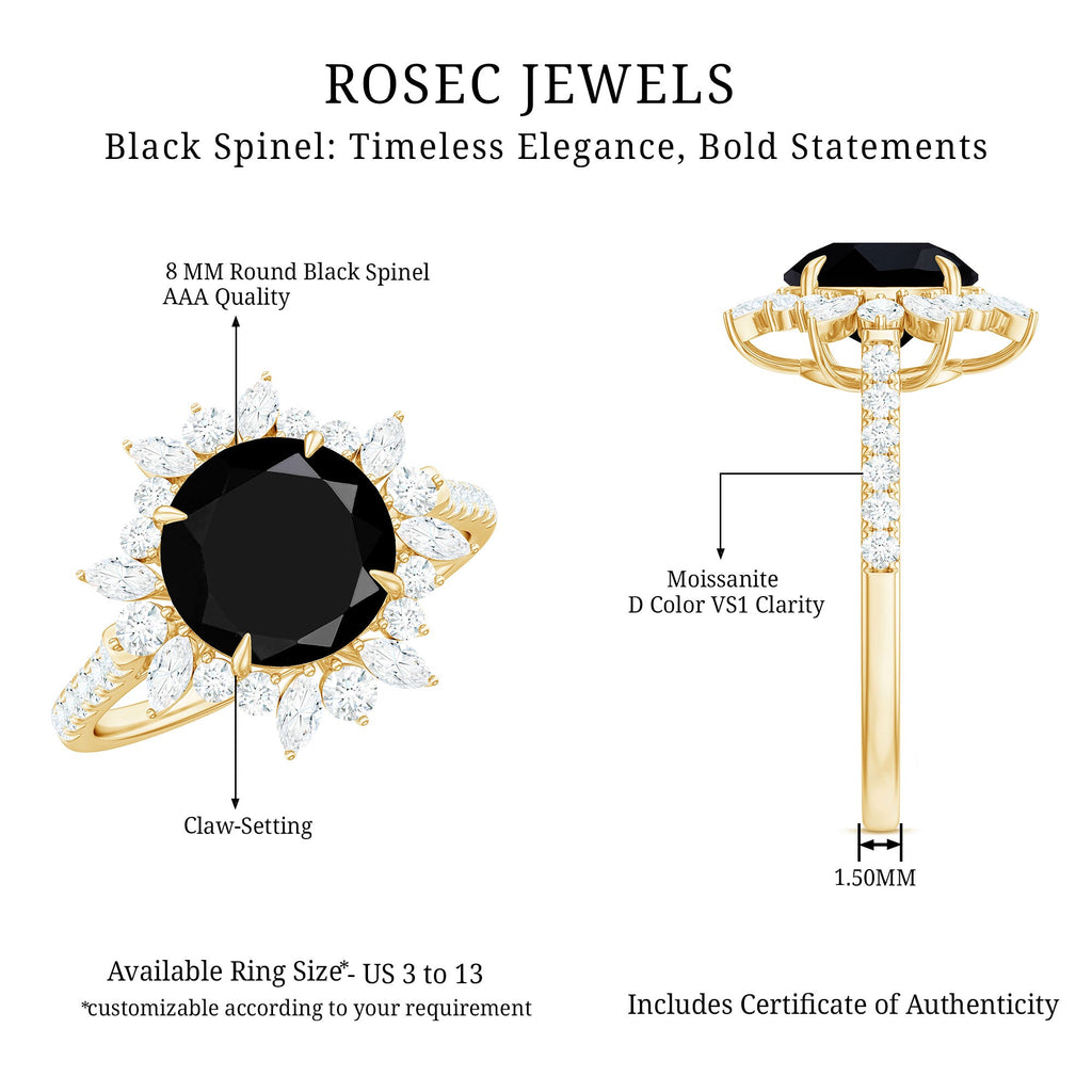 Real Black Spinel Engagement Ring with Moissanite Halo