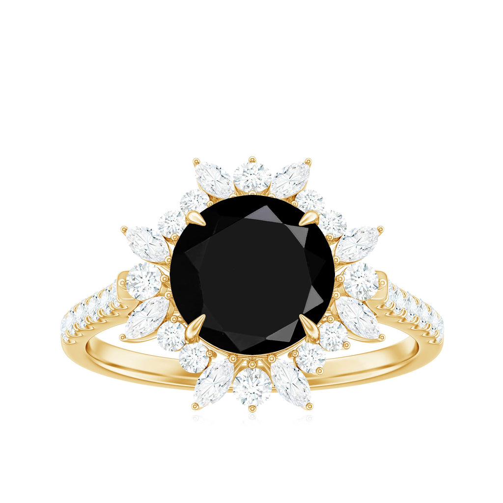 Real Black Spinel Engagement Ring with Moissanite Halo