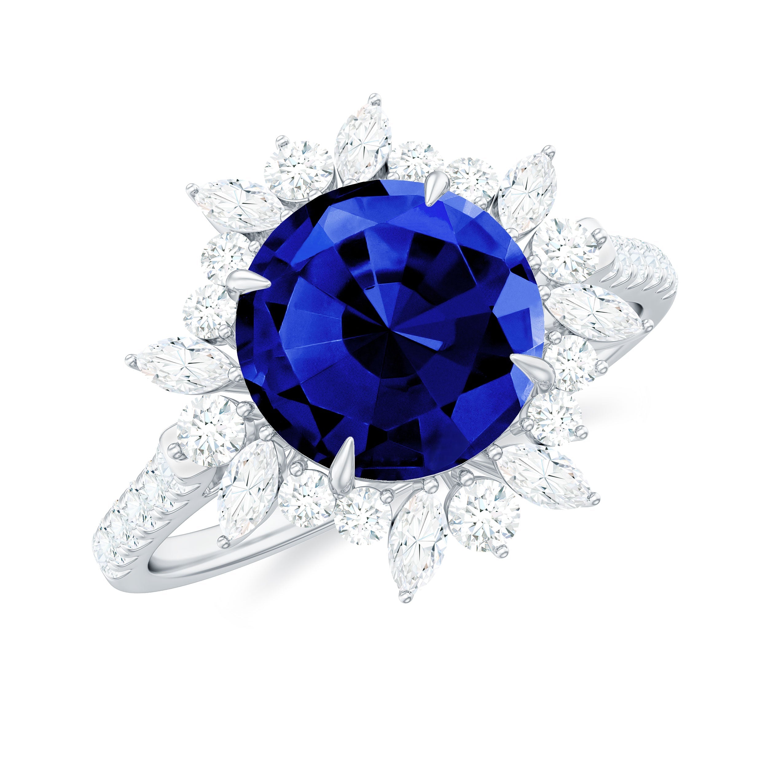 Certified 2.7 Carat Lab Grown Blue Sapphire Engagement Ring with Diamond Halo