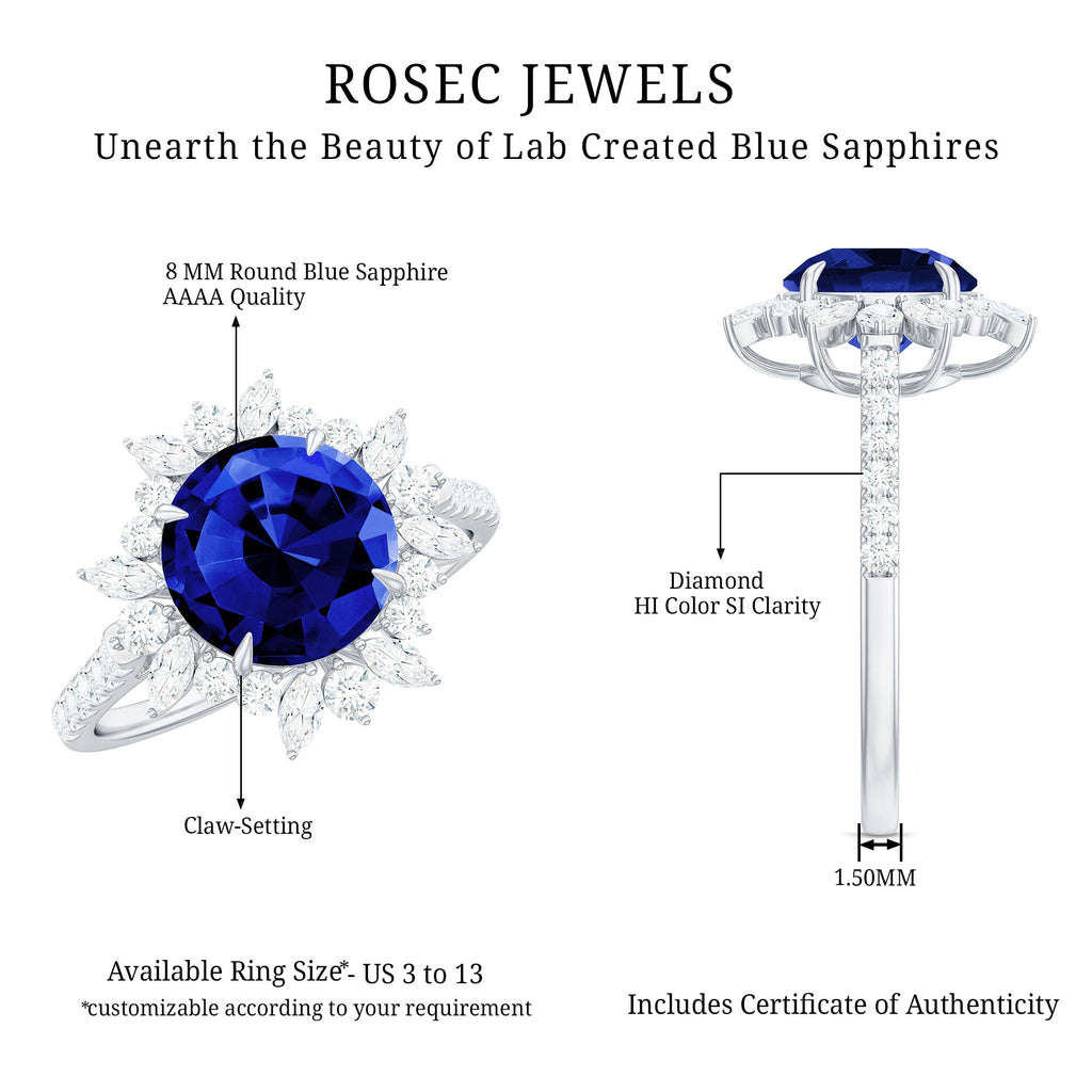 Certified 2.7 Carat Lab Grown Blue Sapphire Engagement Ring with Diamond Halo