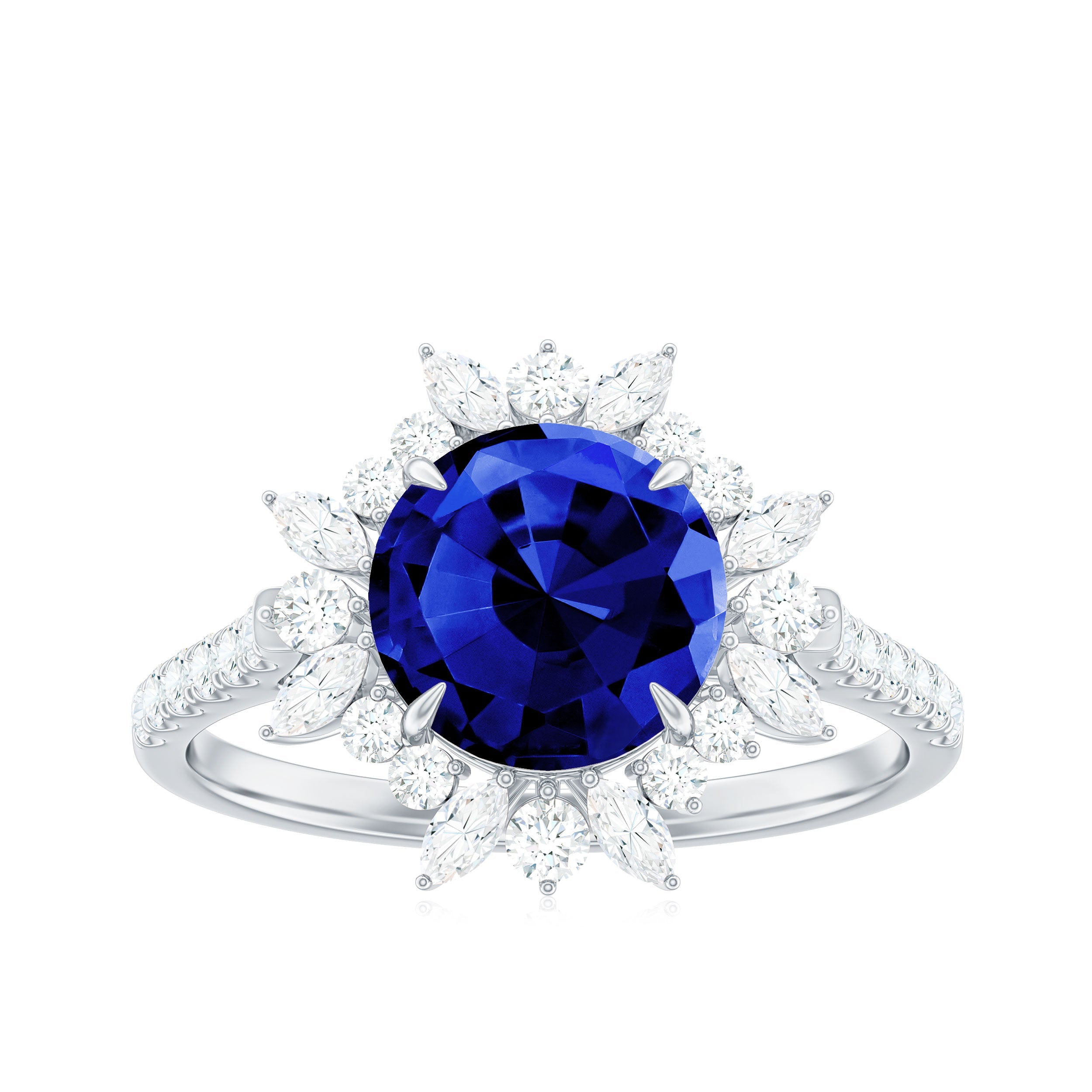 Certified 2.7 Carat Lab Grown Blue Sapphire Engagement Ring with Diamond Halo