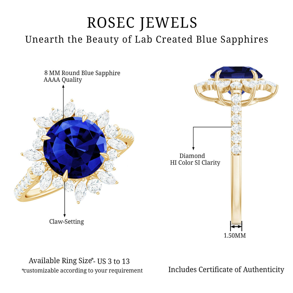 Certified 2.7 Carat Lab Grown Blue Sapphire Engagement Ring with Diamond Halo