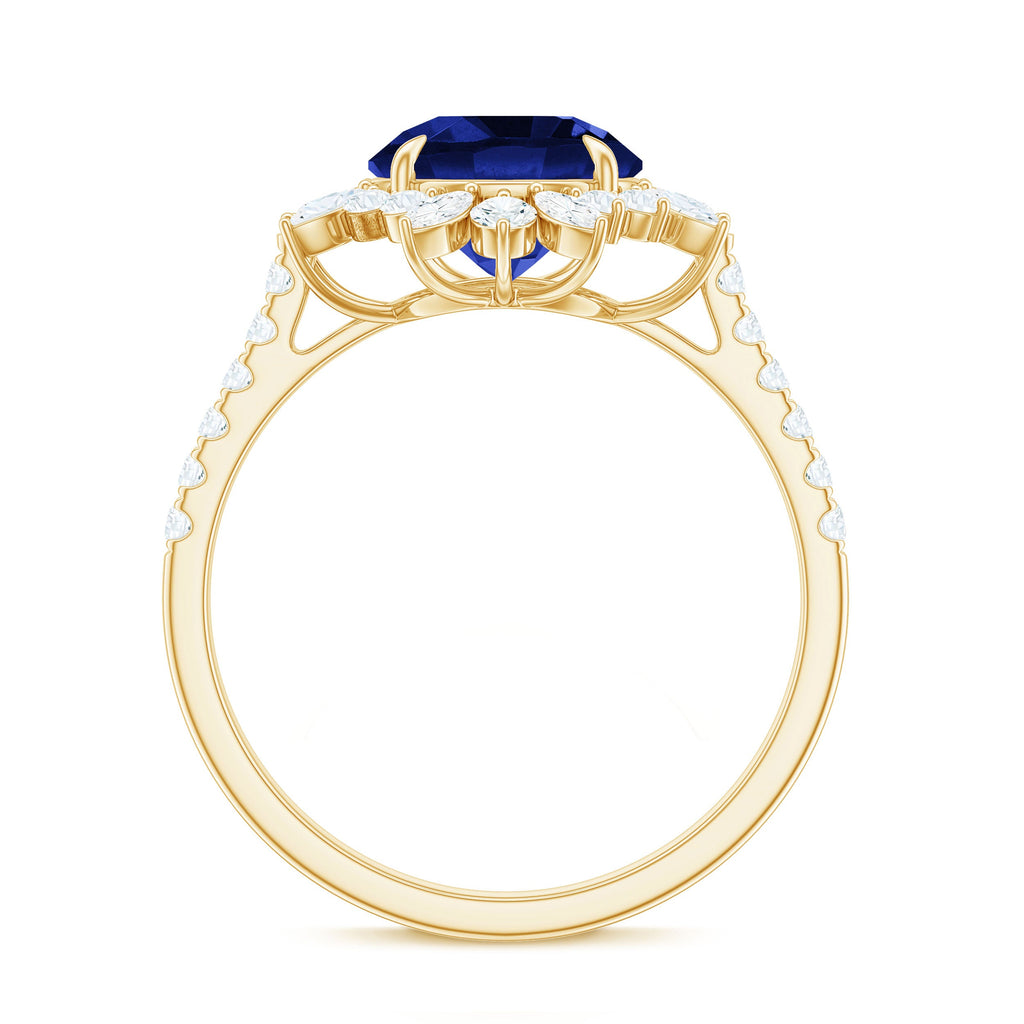 Certified 2.7 Carat Lab Grown Blue Sapphire Engagement Ring with Diamond Halo