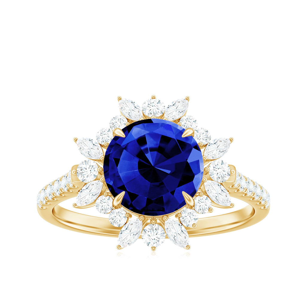 Certified 2.7 Carat Lab Grown Blue Sapphire Engagement Ring with Diamond Halo