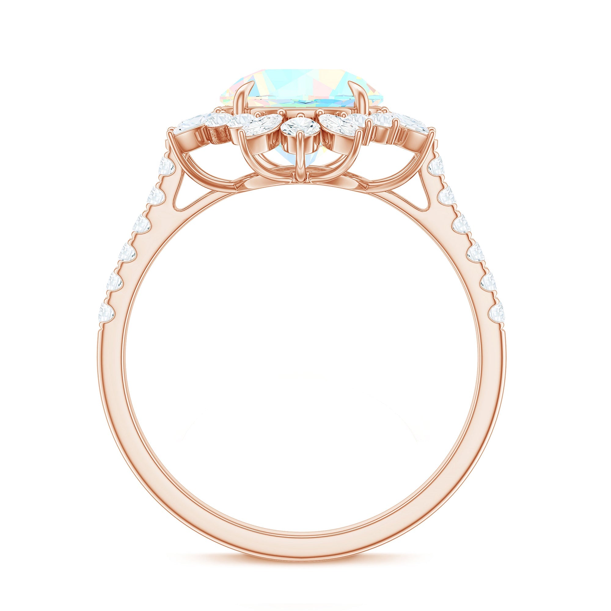 Natural 8mm Opalescent Halo Engagement Ring with Side Stones