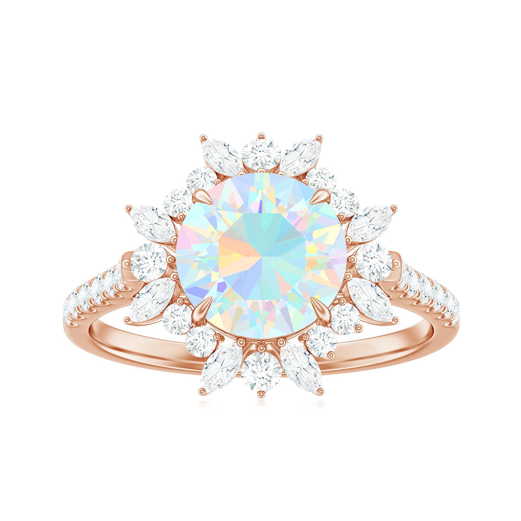 Natural 8mm Opalescent Halo Engagement Ring with Side Stones