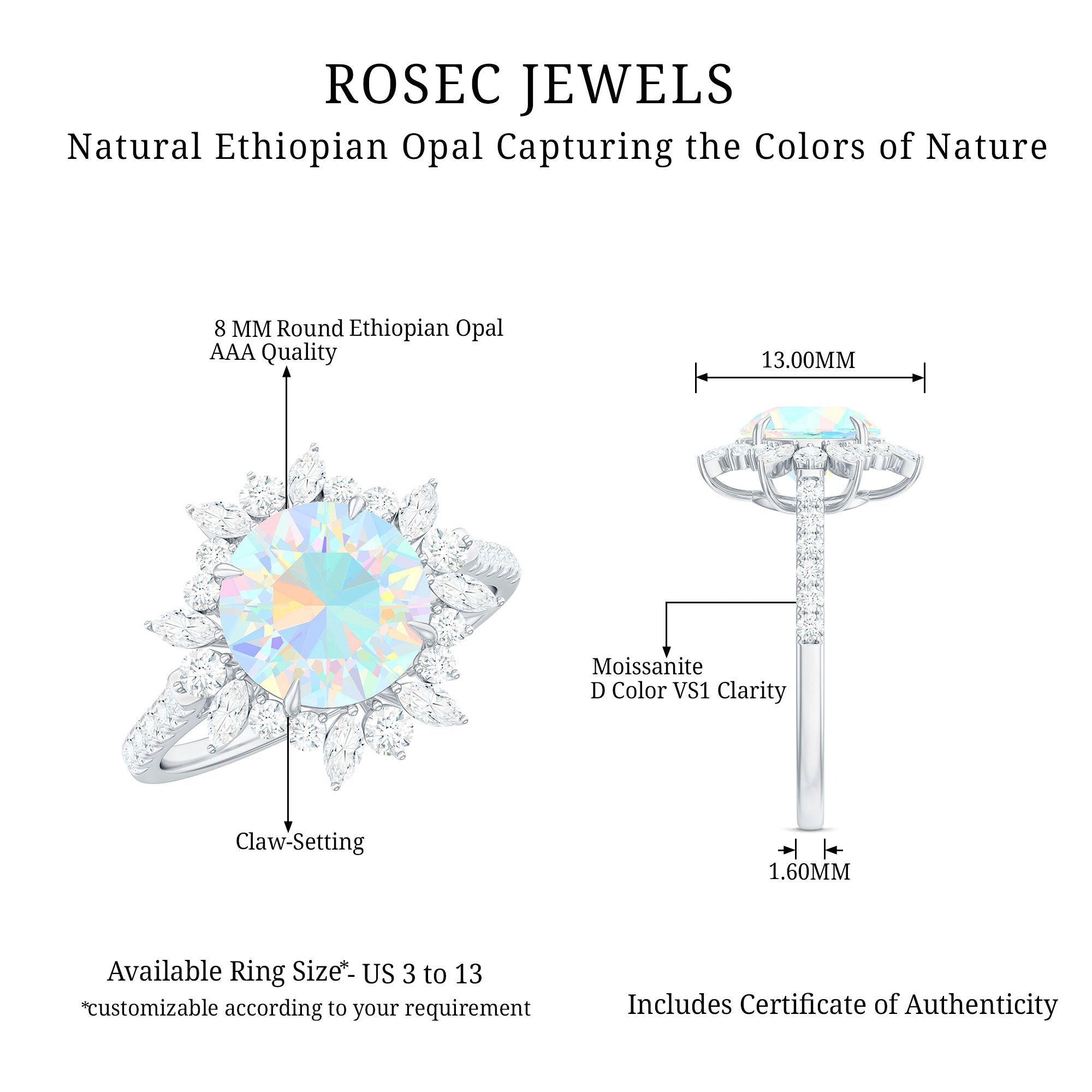 Natural 8mm Opalescent Halo Engagement Ring with Side Stones