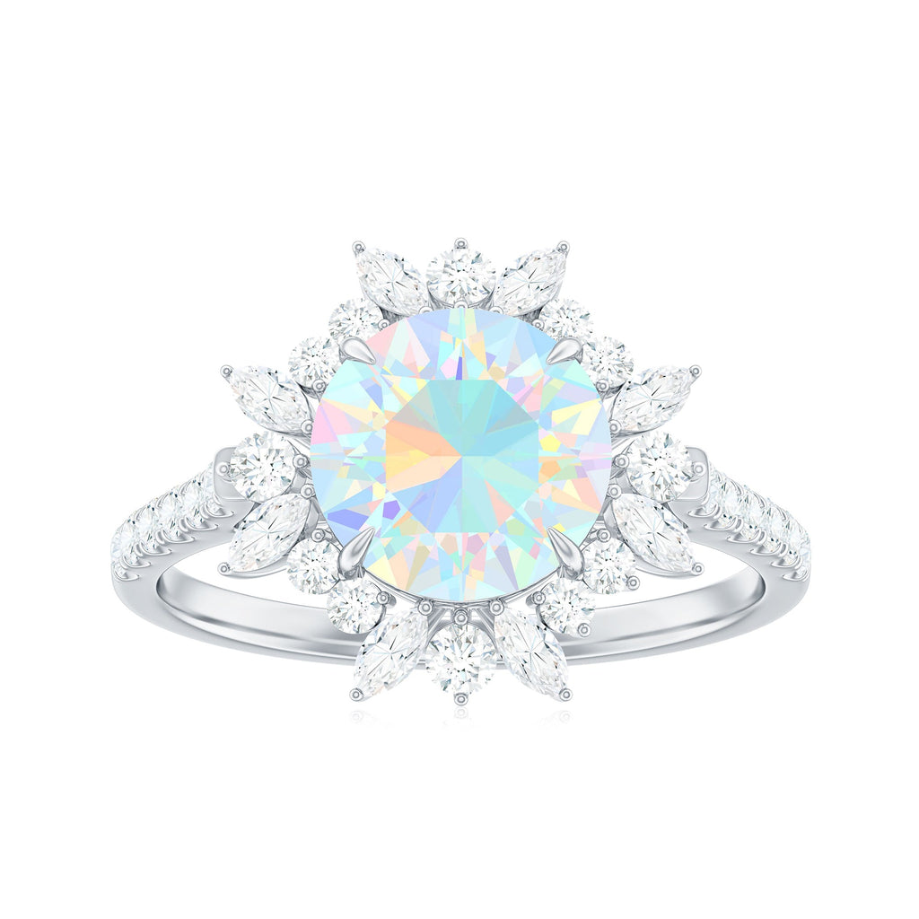 Natural 8mm Opalescent Halo Engagement Ring with Side Stones