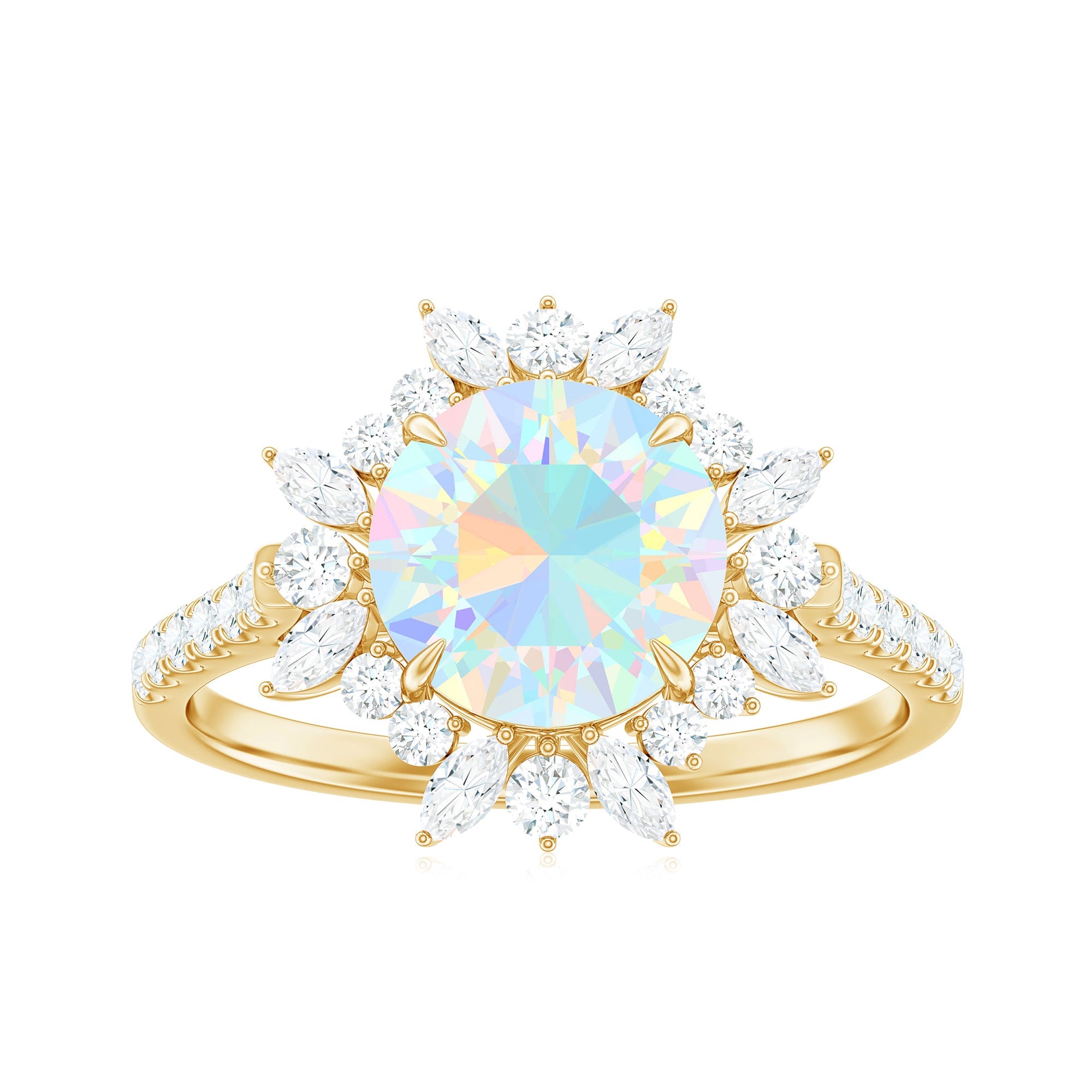 Natural 8mm Opalescent Halo Engagement Ring with Side Stones