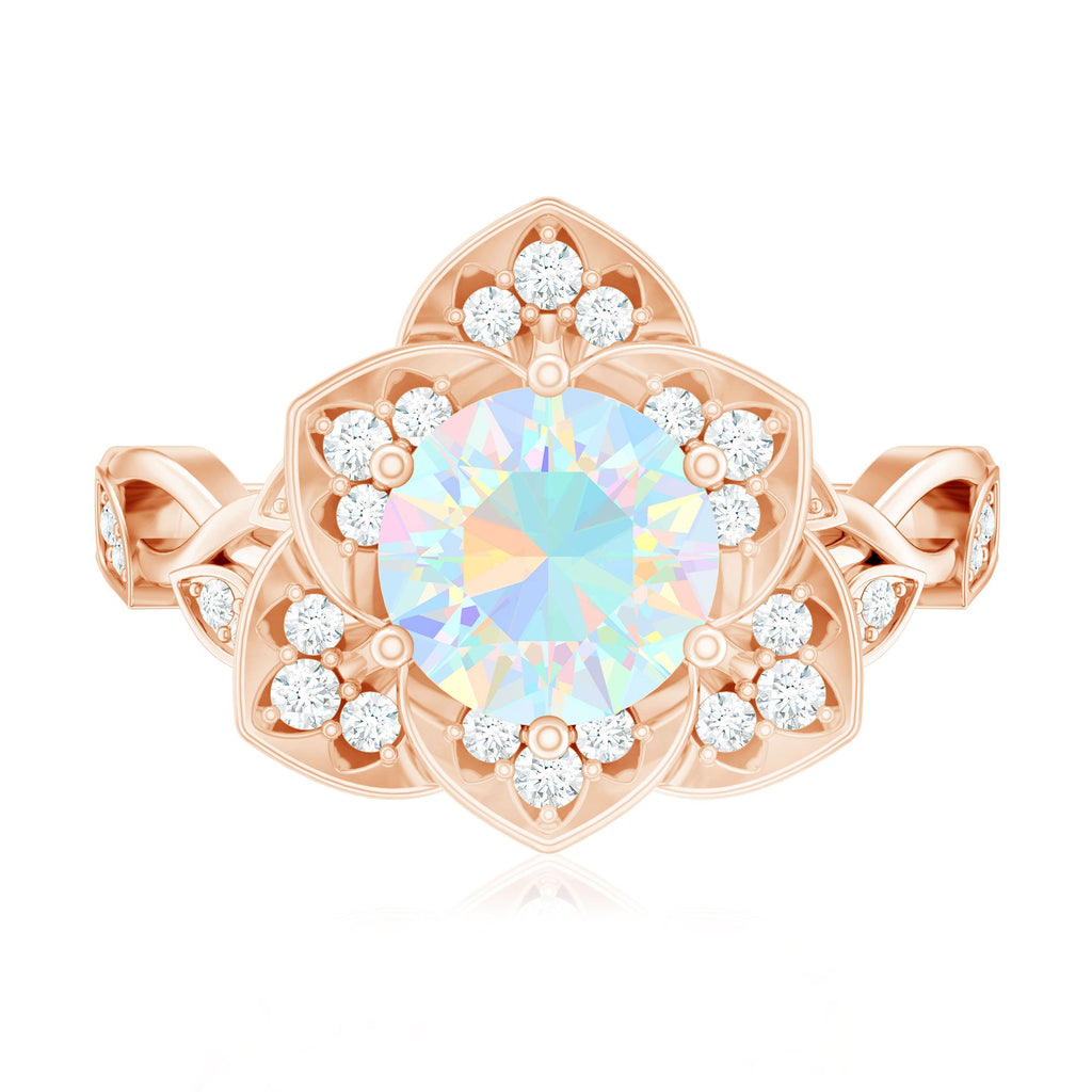 Natural 8mm Ethiopian Opal Flower Engagement Ring with Diamond